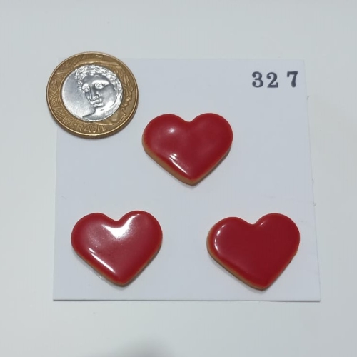 Aplique cerâmico coração - vermelho - 327  tam. aprox. 2,5X2,5cm c/ 3 unidades